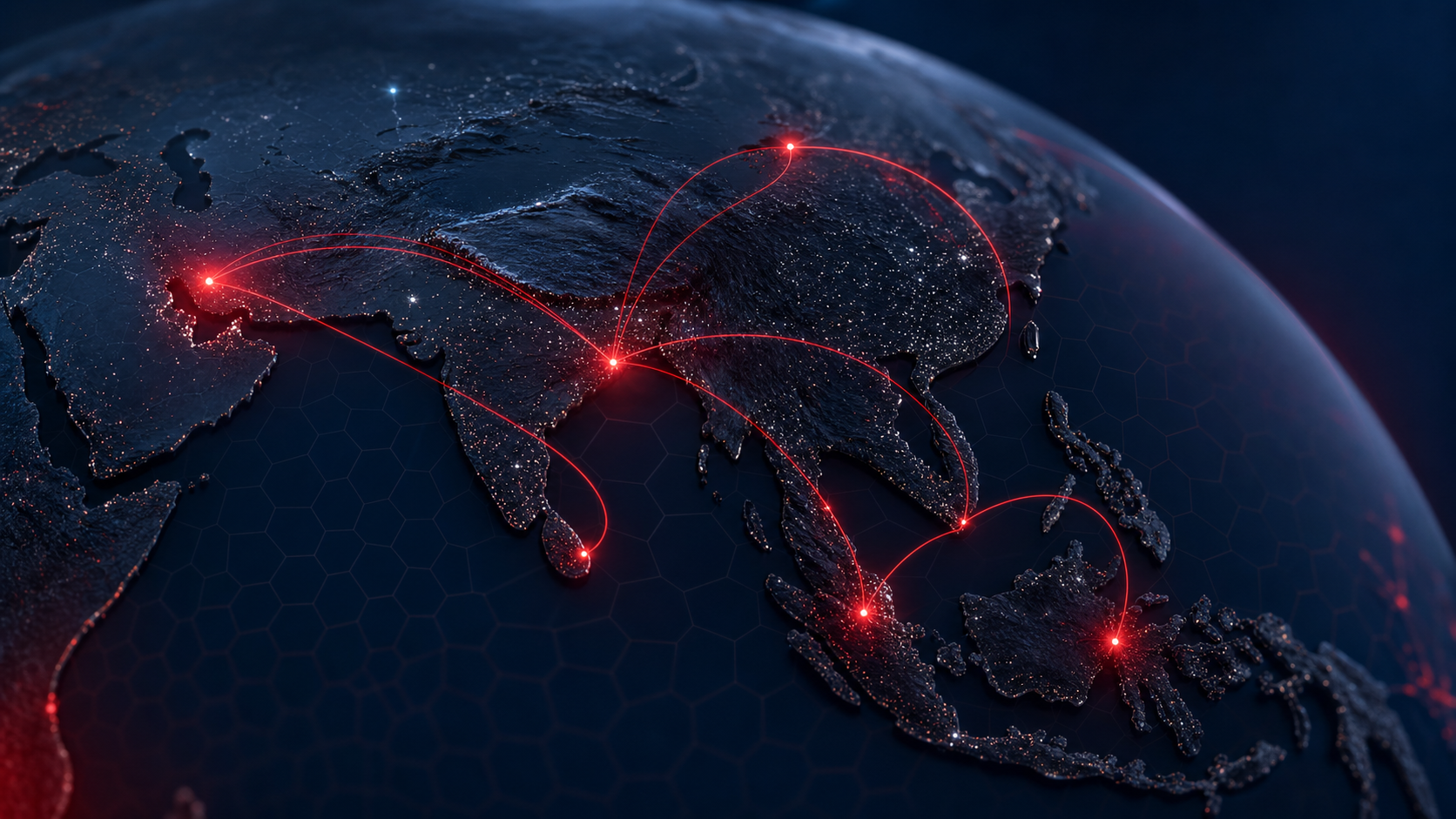 Global map with red corridor arcs connecting South Asia, Middle East, and Southeast Asia