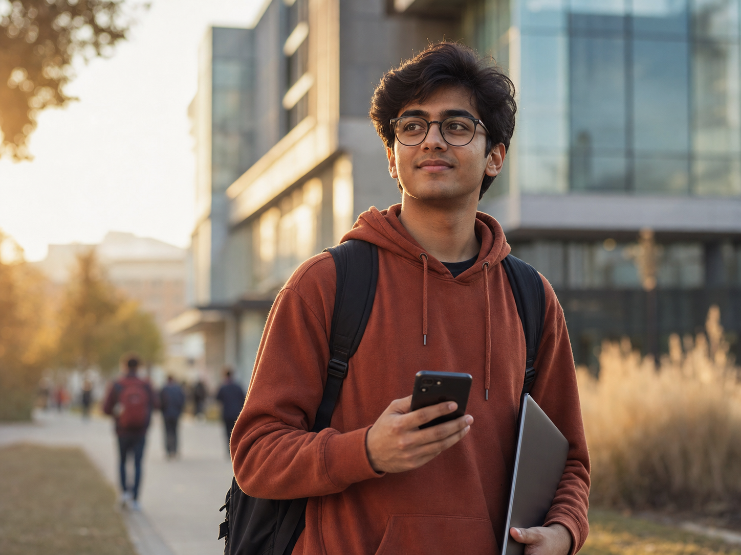 Student on university campus checking phone