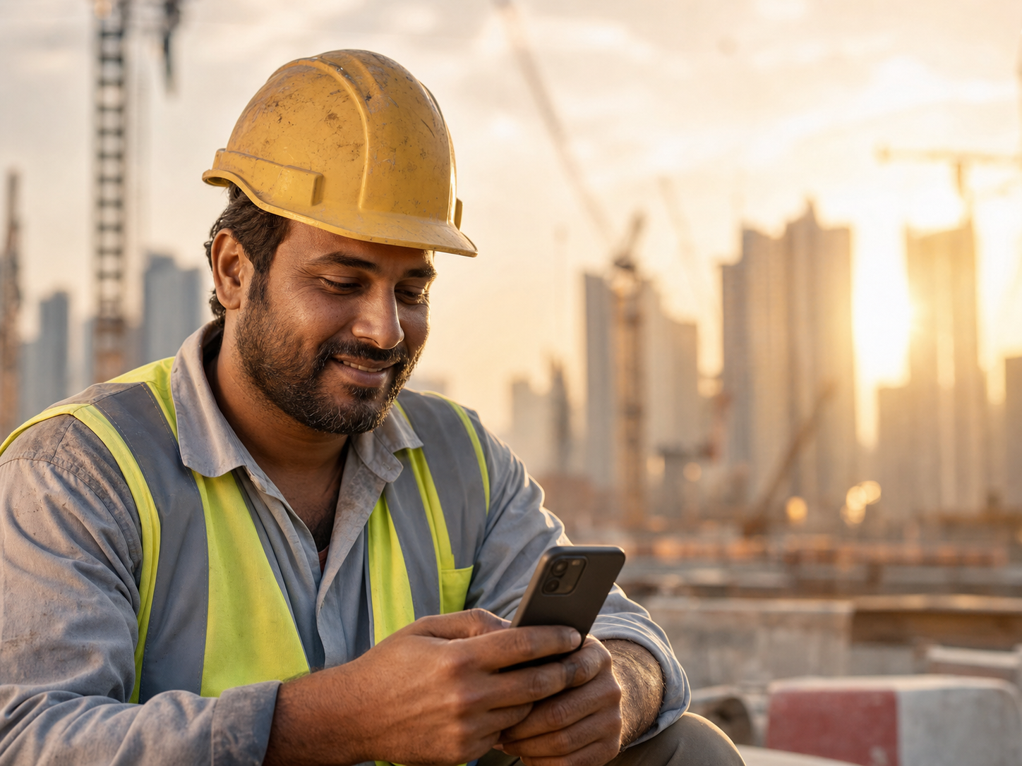 Migrant worker checking phone at construction site